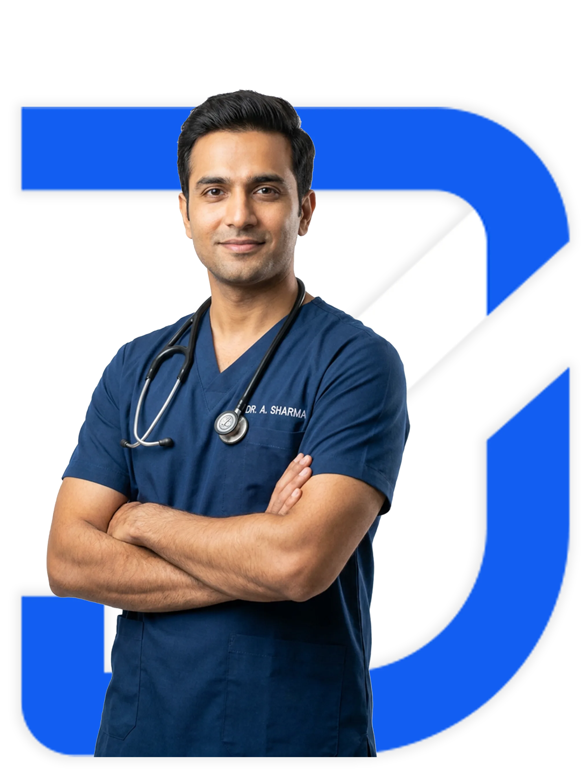 Médico de braços cruzados, com estetoscópio no pescoço, sobre o símbolo da DocFácilPrev